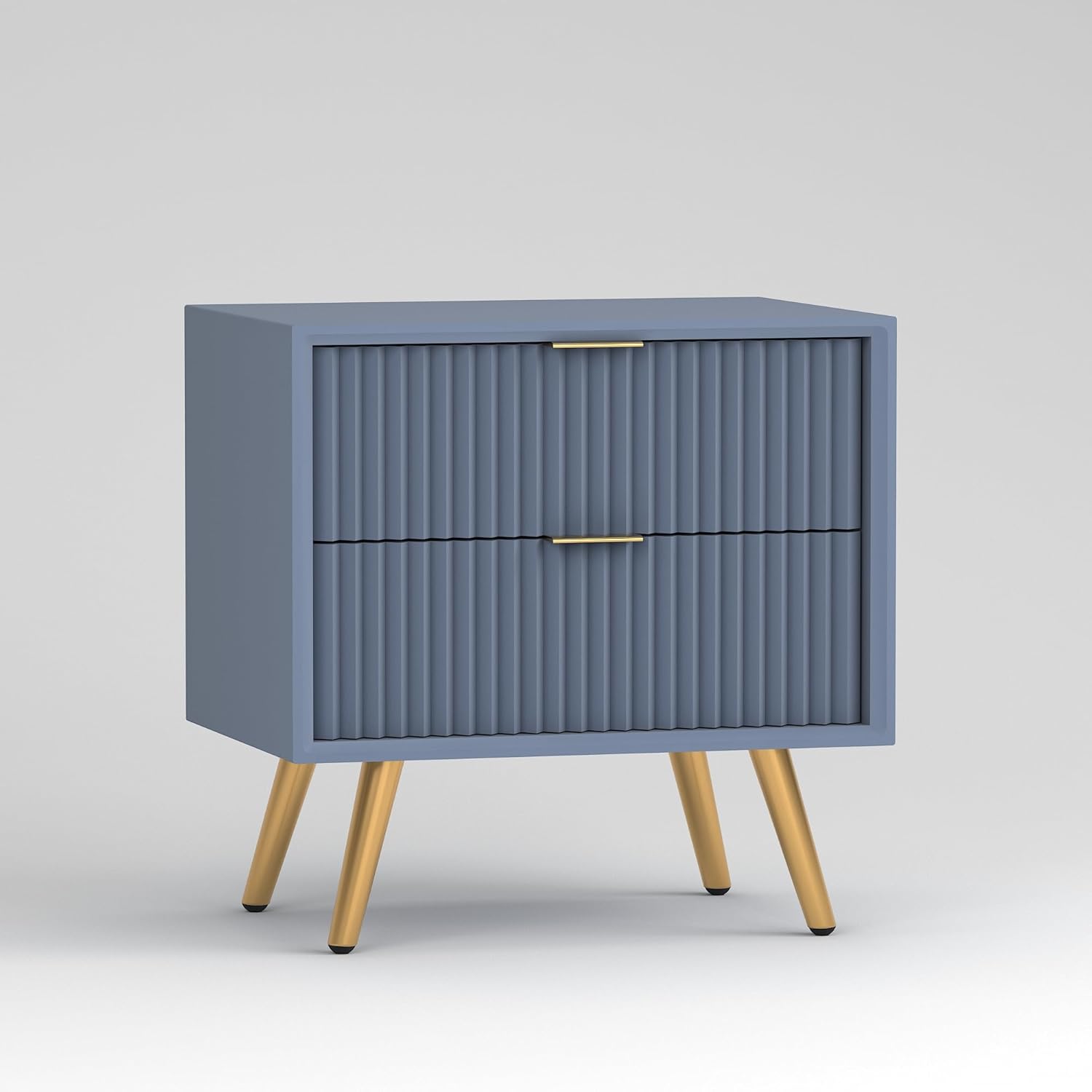 Grey Fluted Bedside Table with 2 Drawers & Gold Legs — Luxury Bedroom Style