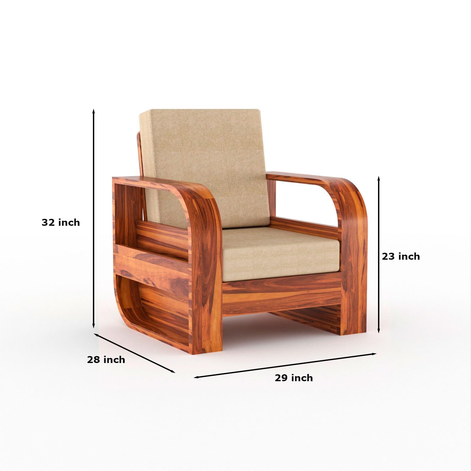 Craft D Art Solid Wood Lounge Armchair with Cushion & Side Storage