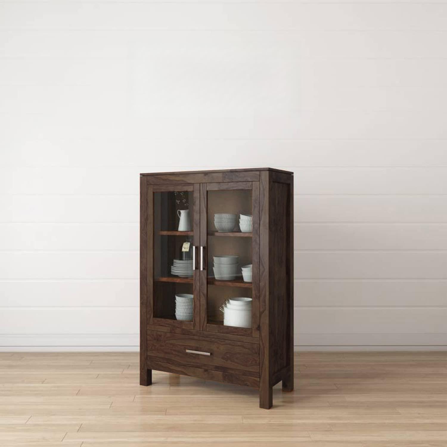 Classic Solid Wood Glass Door Crockery & Display Cabinet with Drawer