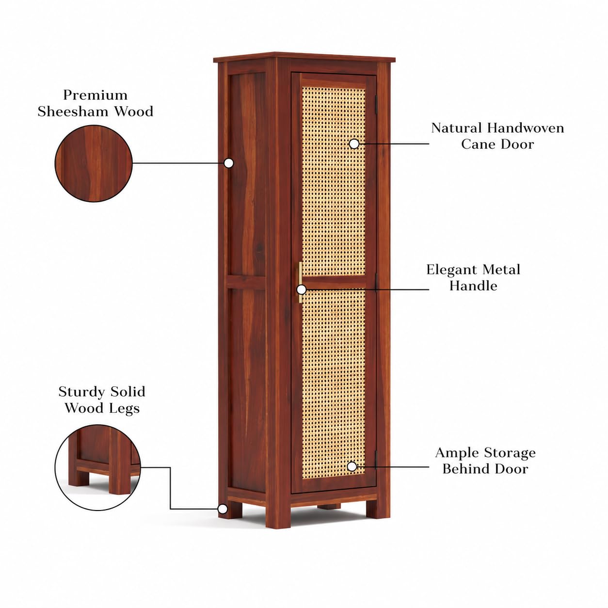 Solid Sheesham Wood Wardrobe Cabinet 1  Cane Rattan Door
