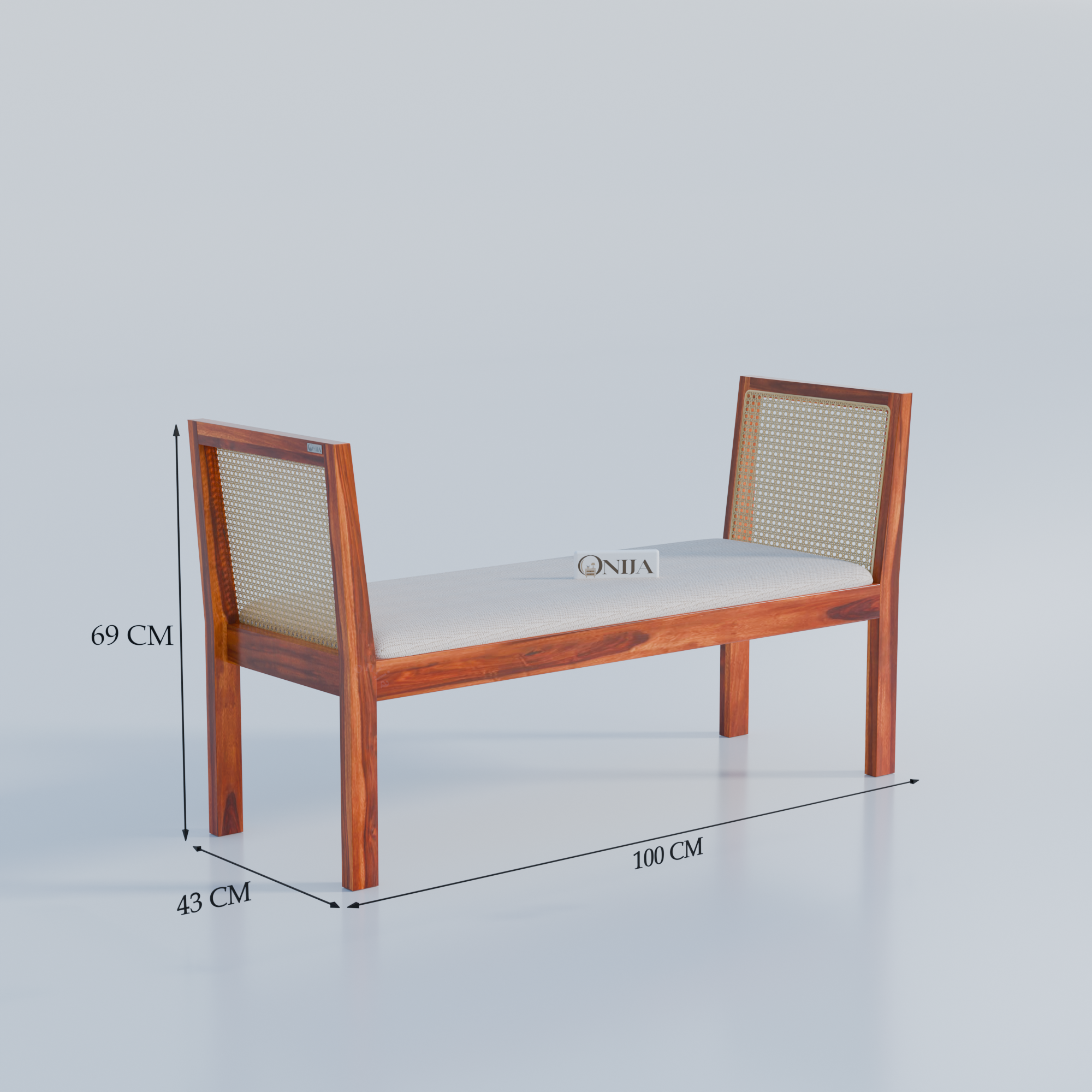 Craft D Art Sheesham Wood Cane Bench with Upholstered Seat for Living Room & Entryway