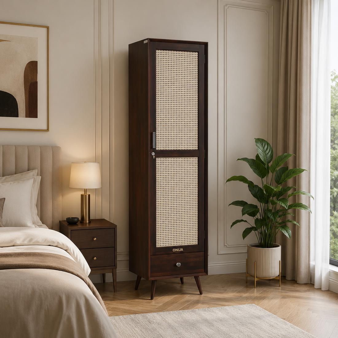 Craft D Art Wooden Single Door Wardrobe with Rattan Panel & Drawer