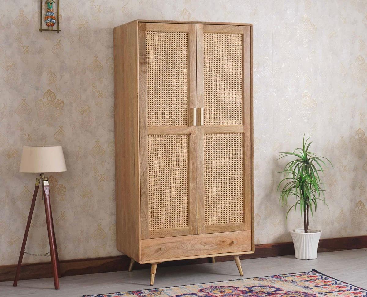 Craft D Art Sheesham Wood 2 Door Cane Wardrobe with Drawer