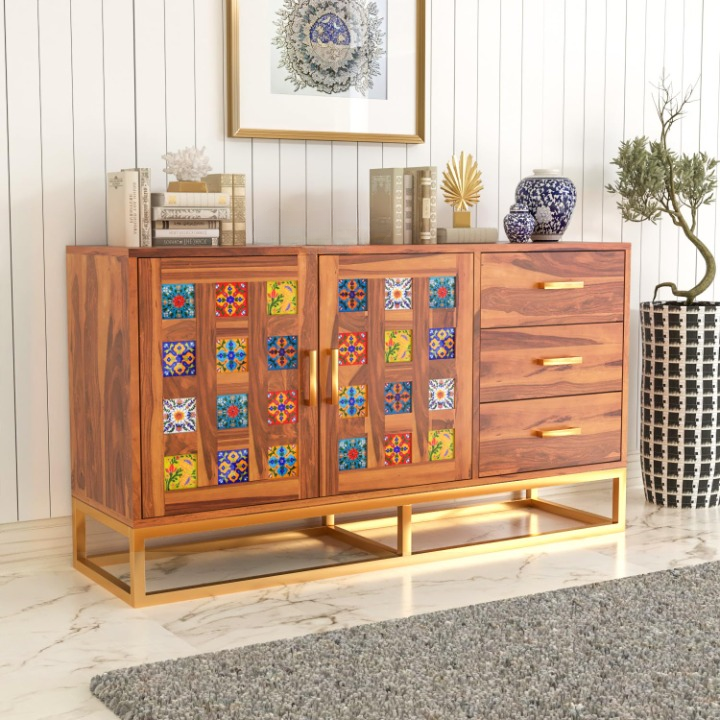 Solid Sheesham Wood Tile Storage Cabinet with Drawers