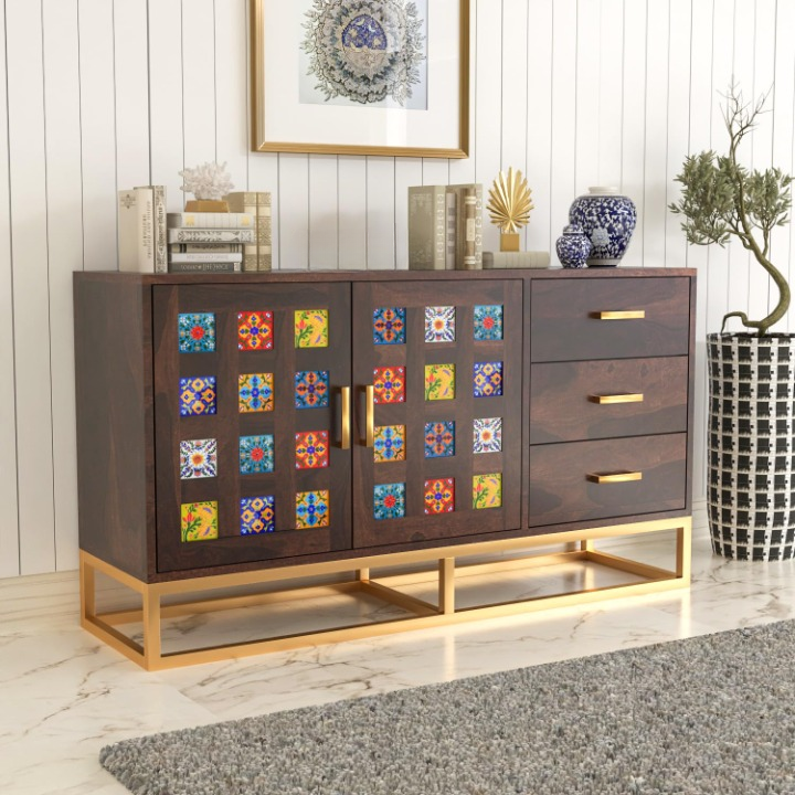 Solid Sheesham Wood Tile Sideboard Cabinet with Drawers