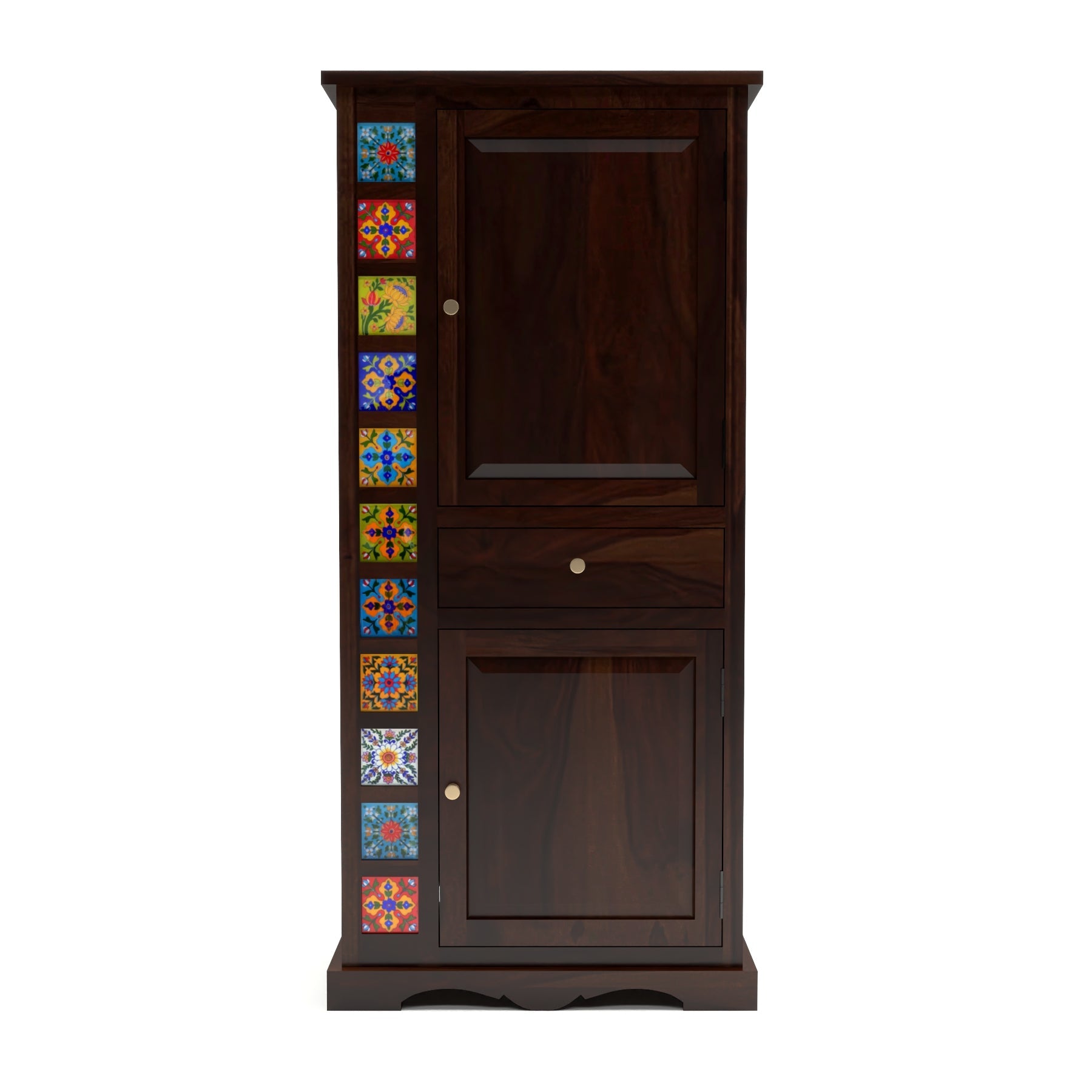 Emboss Sheesham Wood Wardrobe Cabinet with 1 Drawer & 2 Shelves (Walnut Finish)