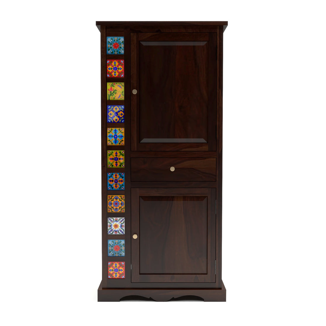 Emboss Sheesham Wood Wardrobe Cabinet with 1 Drawer & 2 Shelves (Walnut Finish)