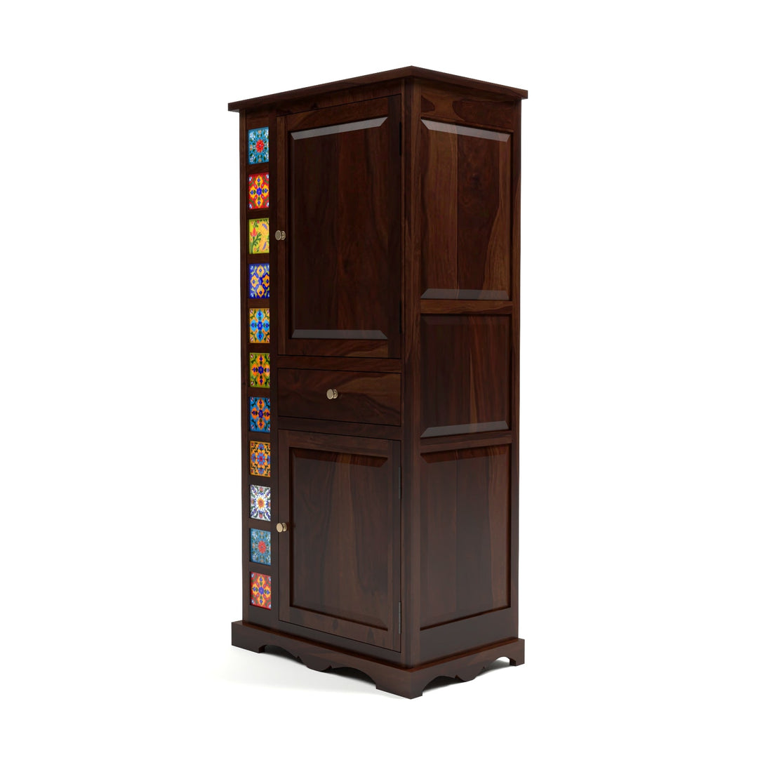 Emboss Sheesham Wood Wardrobe Cabinet with 1 Drawer & 2 Shelves (Walnut Finish)