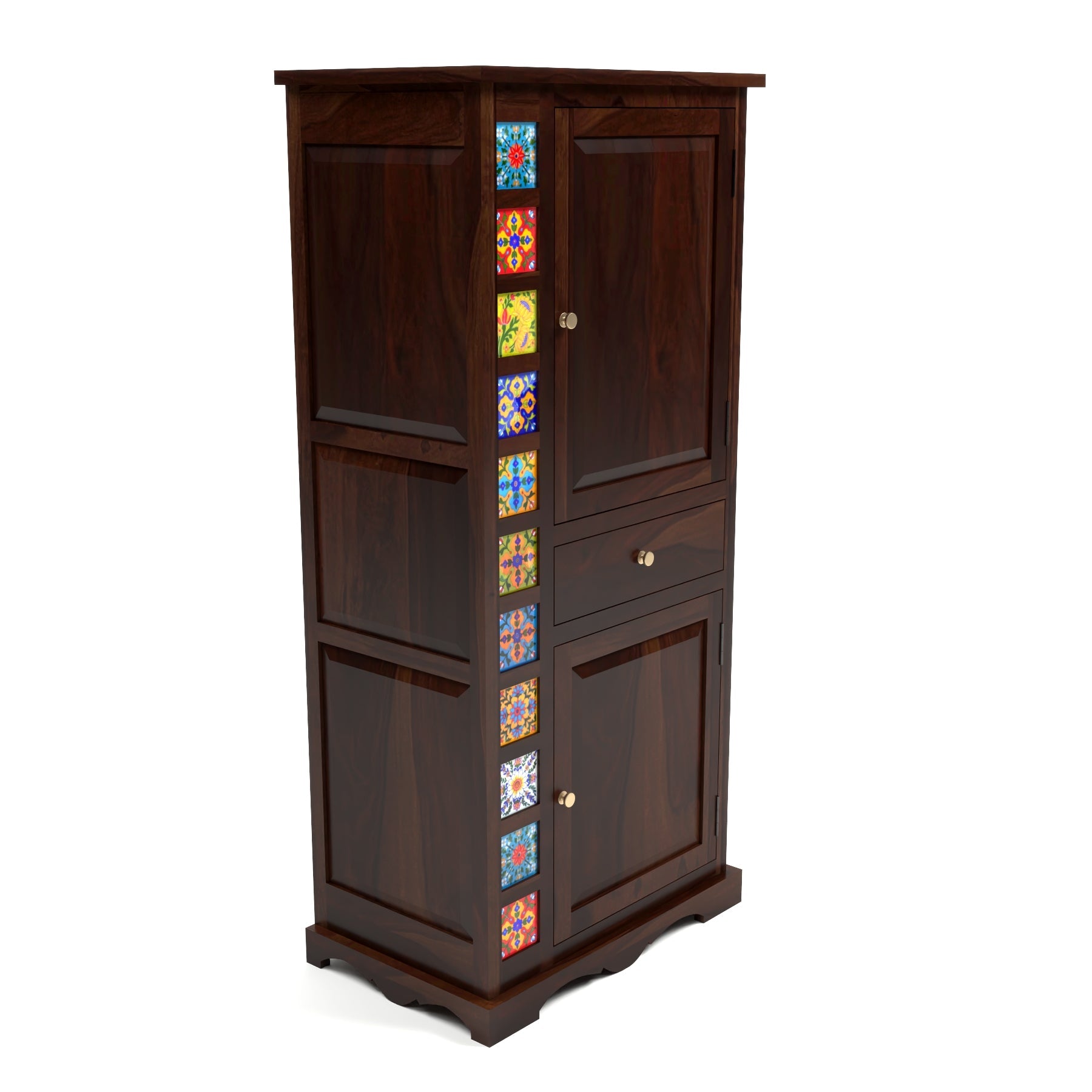 Emboss Sheesham Wood Wardrobe Cabinet with 1 Drawer & 2 Shelves (Walnut Finish)