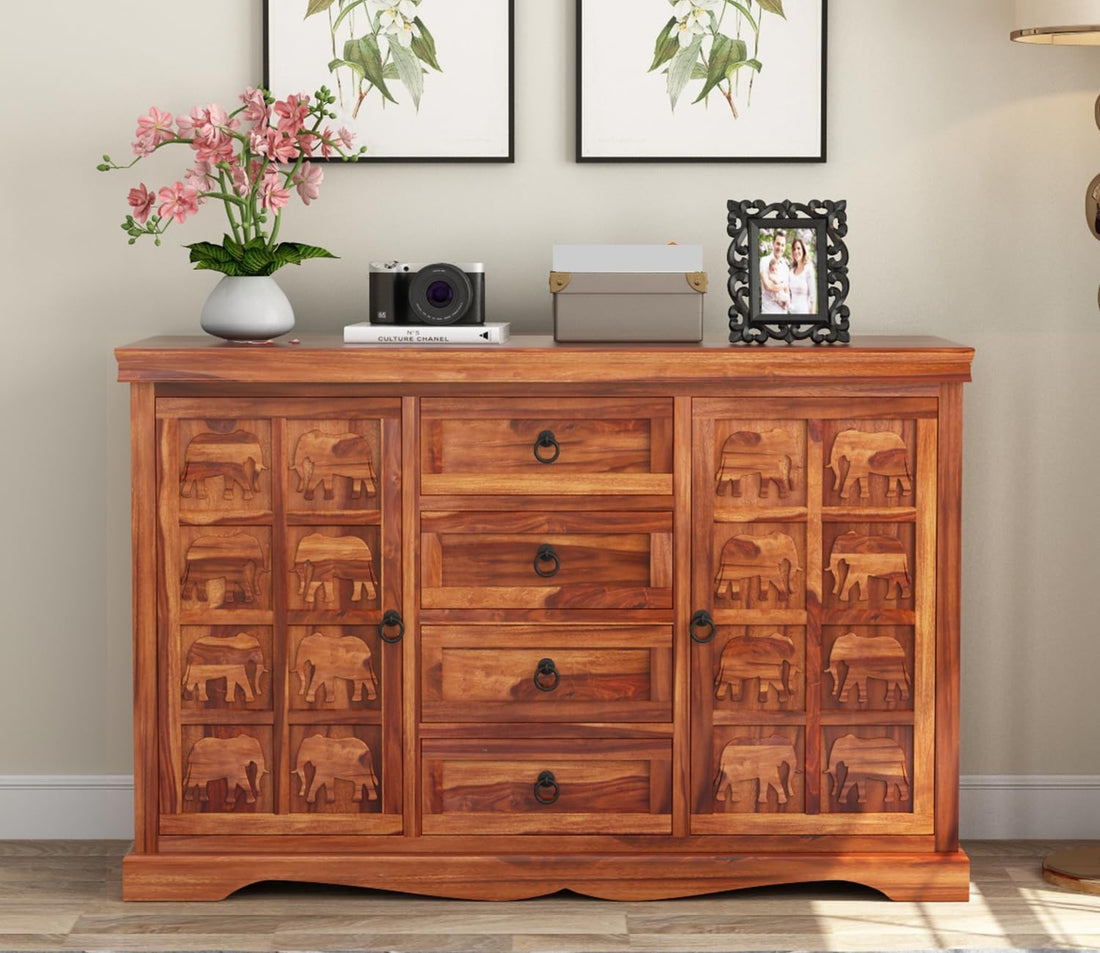 Craft D Art Sheesham Wood Sideboard Cabinet with Elephant Carving