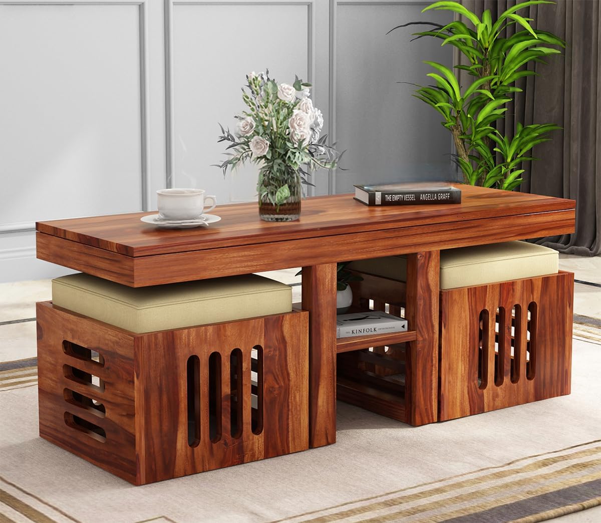 Craft D Art Solid Wood Coffee Table with Nesting Stools & Cushions