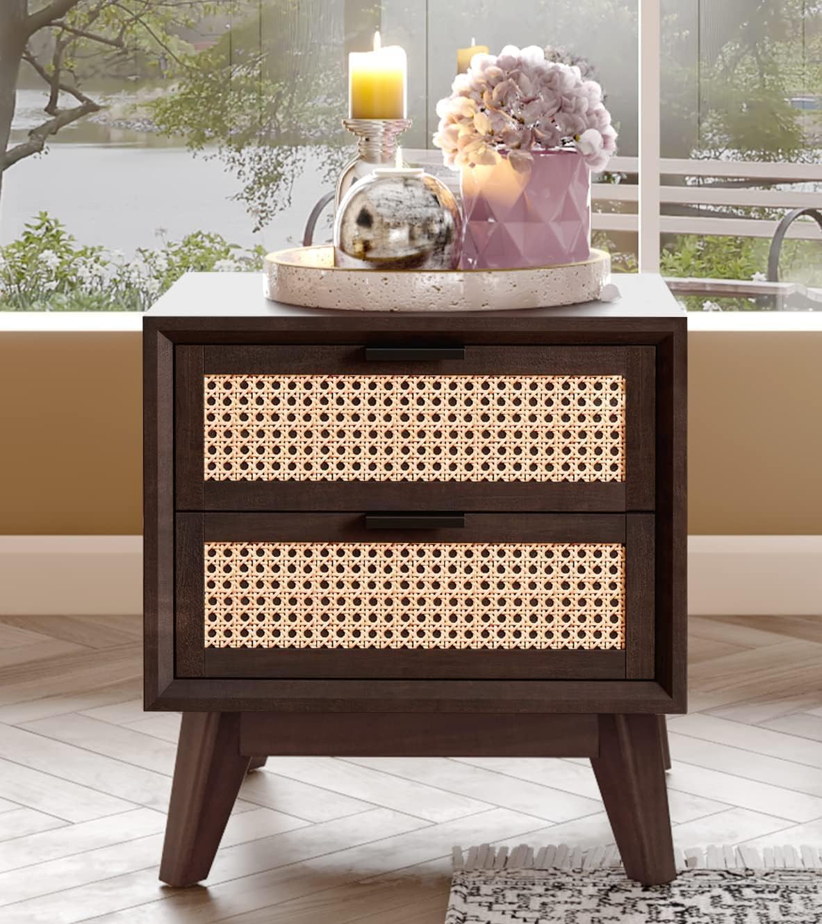 Craft D Art Wooden Bedside Table with Rattan Drawers & Solid Legs