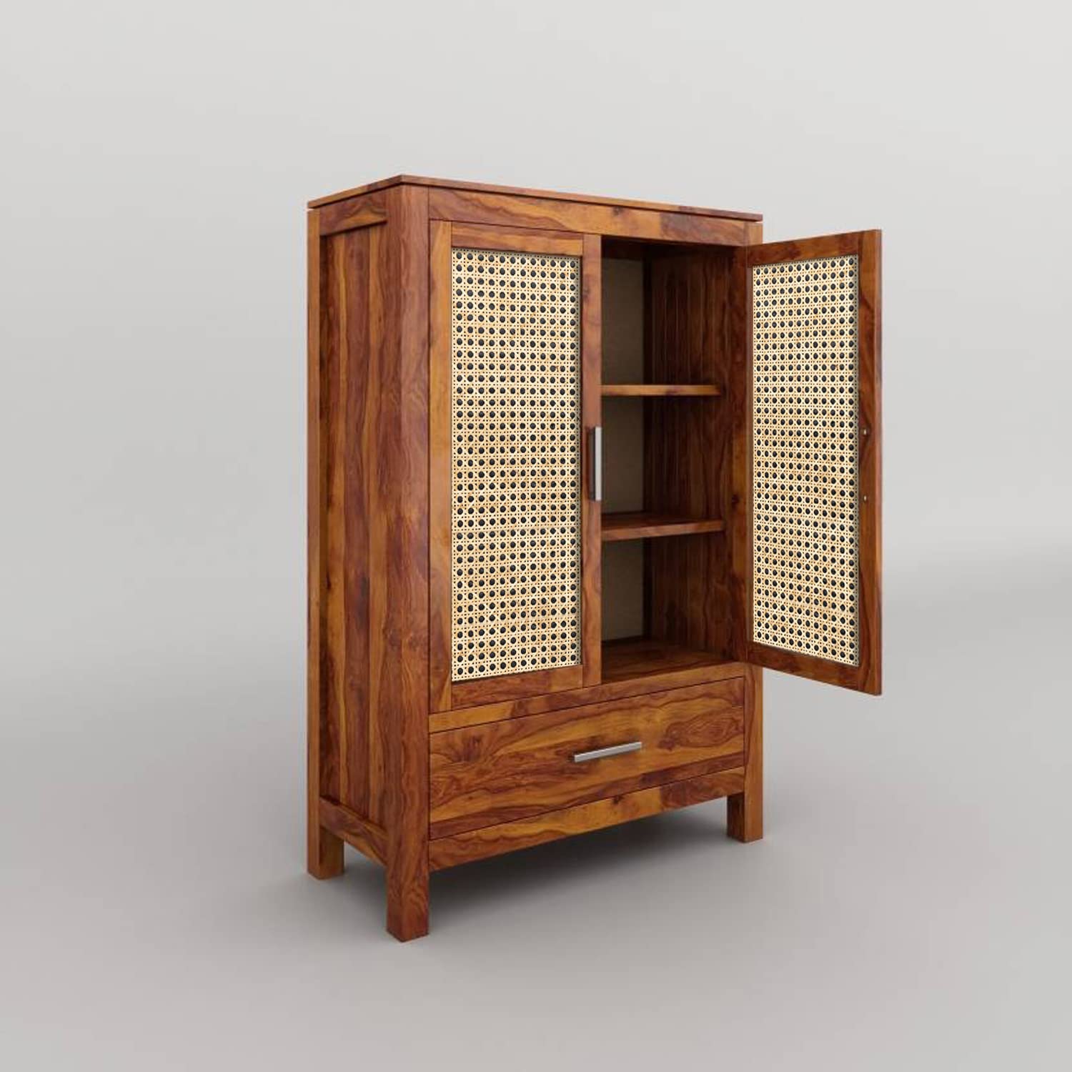 Modern Solid Wood Cane Door Crockery & Storage Cabinet with Drawer