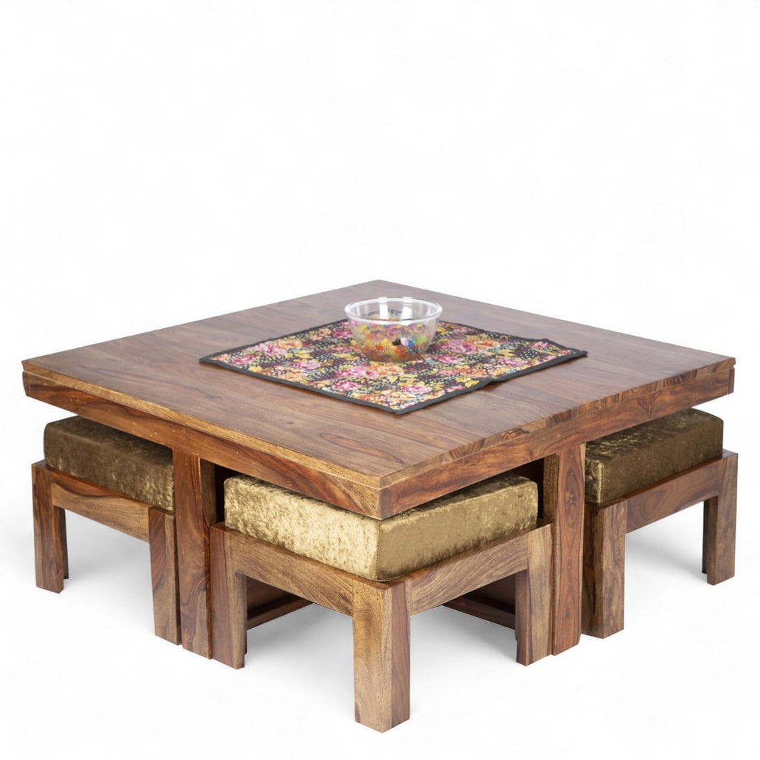 Sheesham Wood 4 Seater Coffee Table Set In Teak Finish