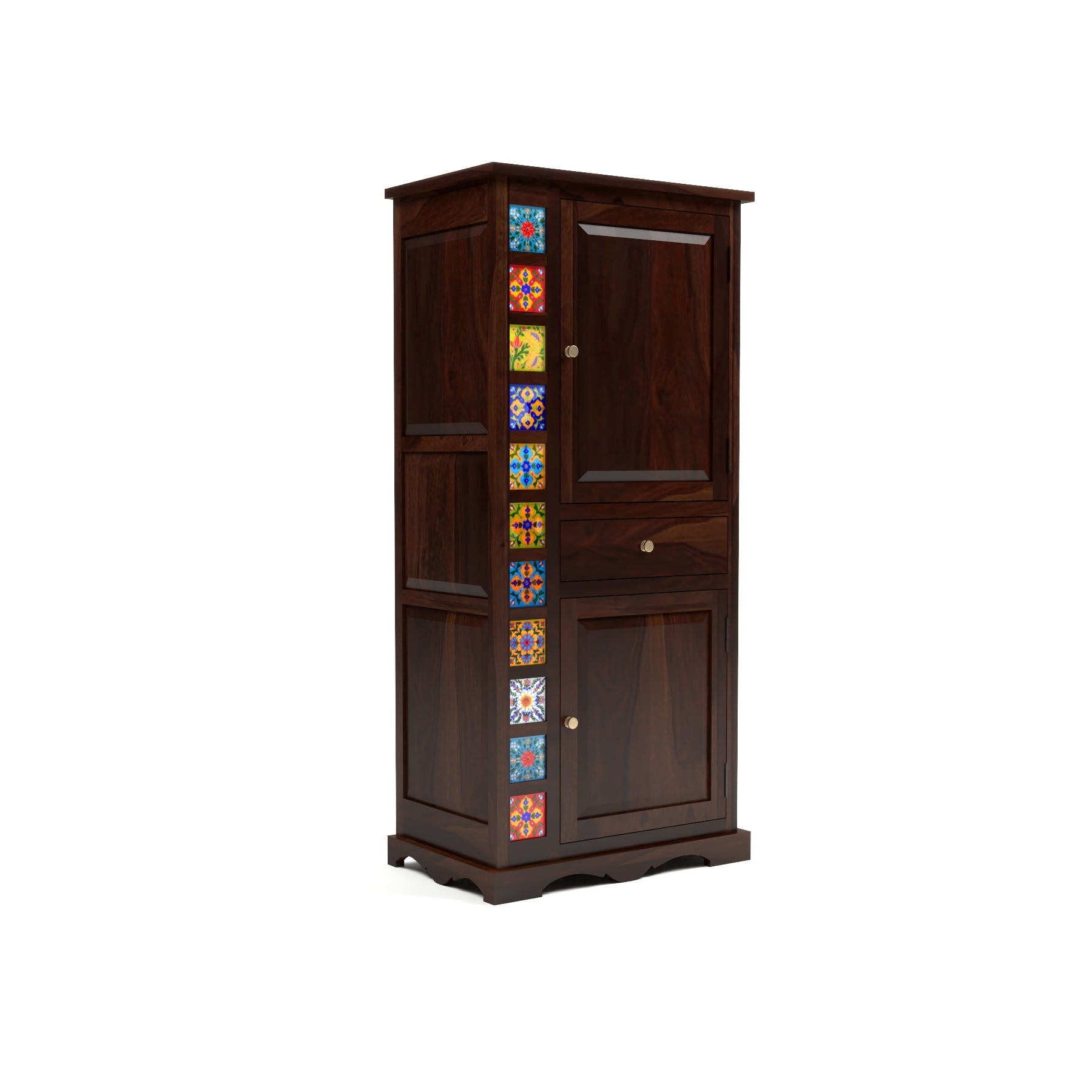 Emboss Sheesham Wood Wardrobe Cabinet with 1 Drawer & 2 Shelves (Walnut Finish)
