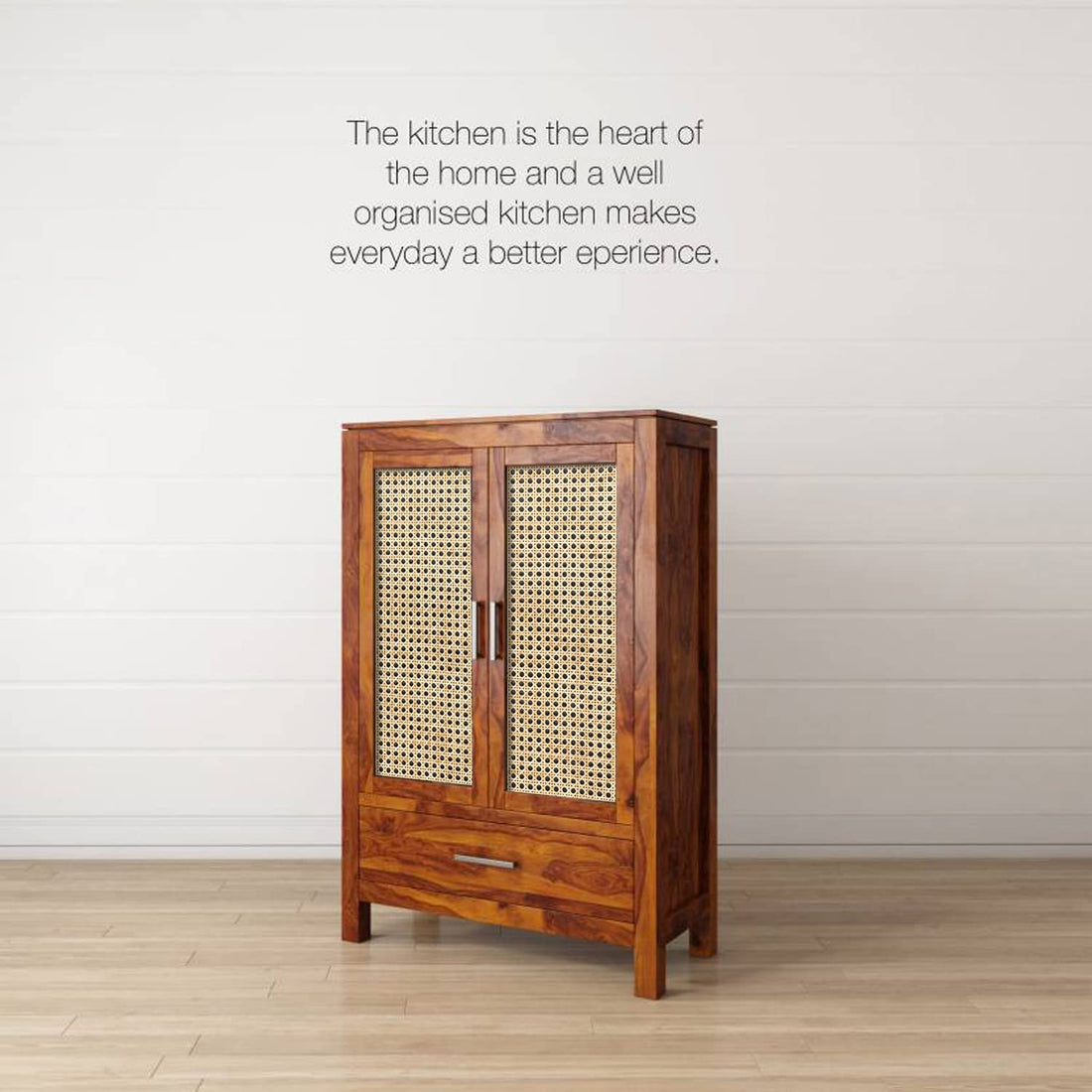 Modern Solid Wood Cane Door Crockery & Storage Cabinet with Drawer