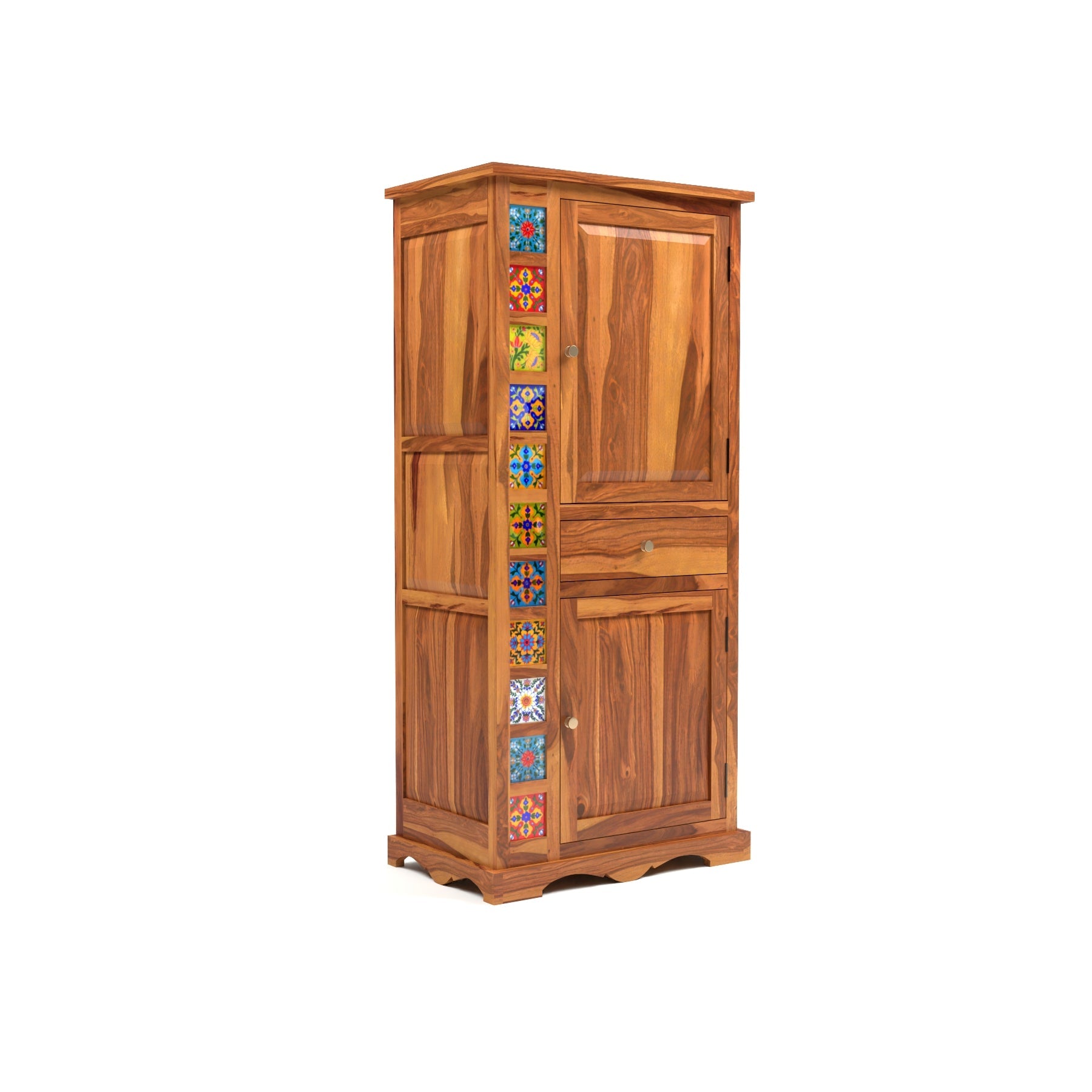 Emboss Sheesham Wood Wardrobe Cabinet with 1 Drawer & 2 Shelves (Honey Finish)