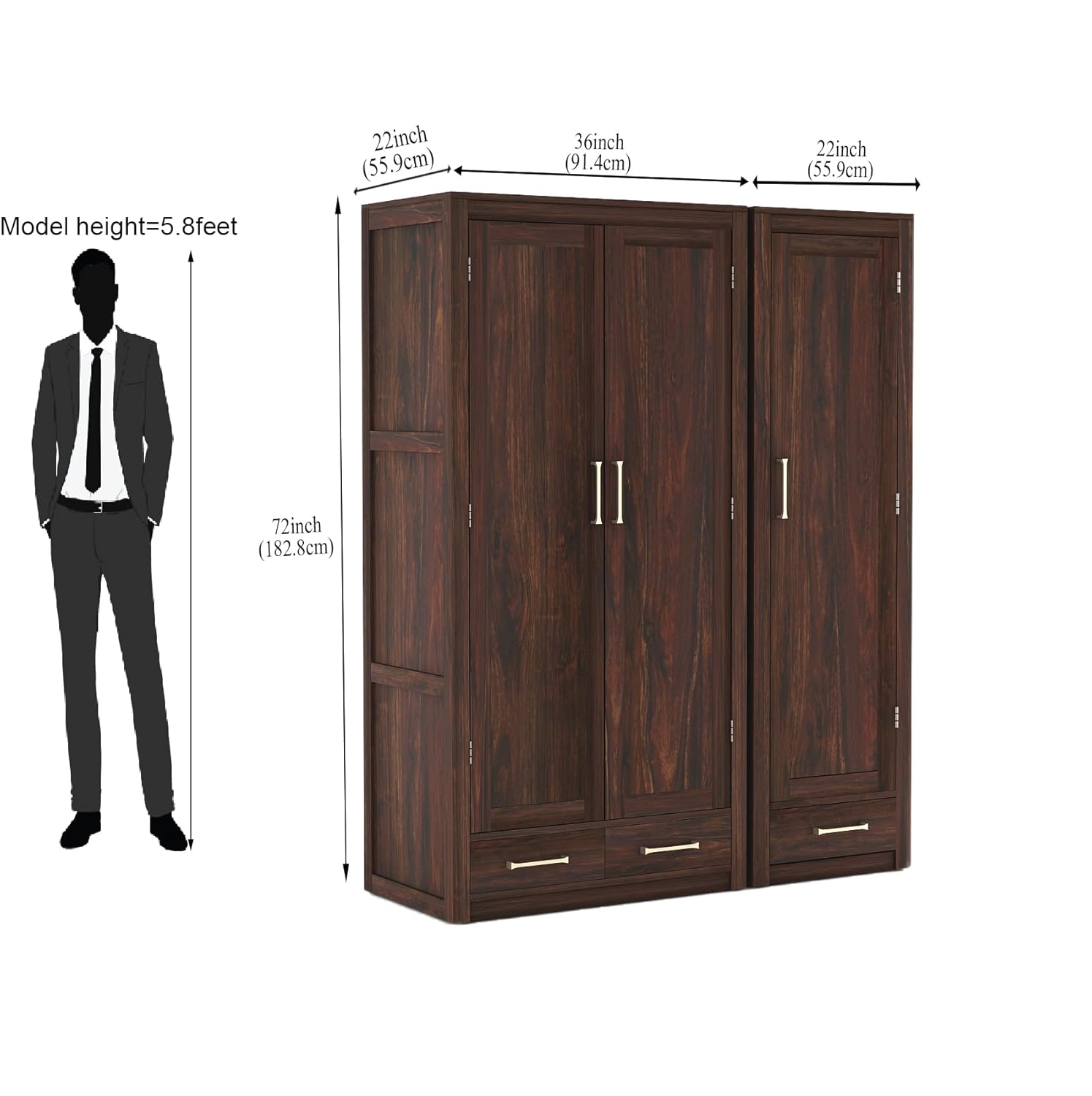 Craft D Art Solid Wood 3 Door Wardrobe with Drawers for Bedroom
