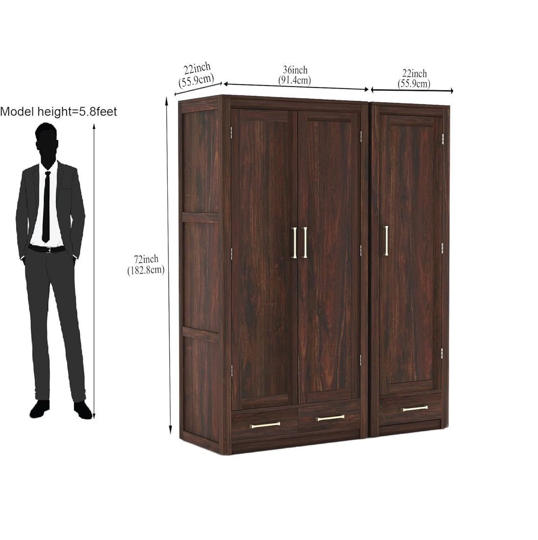 Craft D Art Solid Wood 3 Door Wardrobe with Drawers for Bedroom