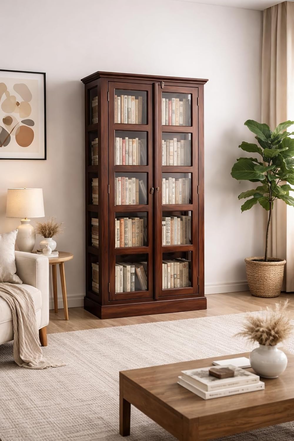 Craft D Art Solid Wood Glass Door Bookcase Storage Cabinet