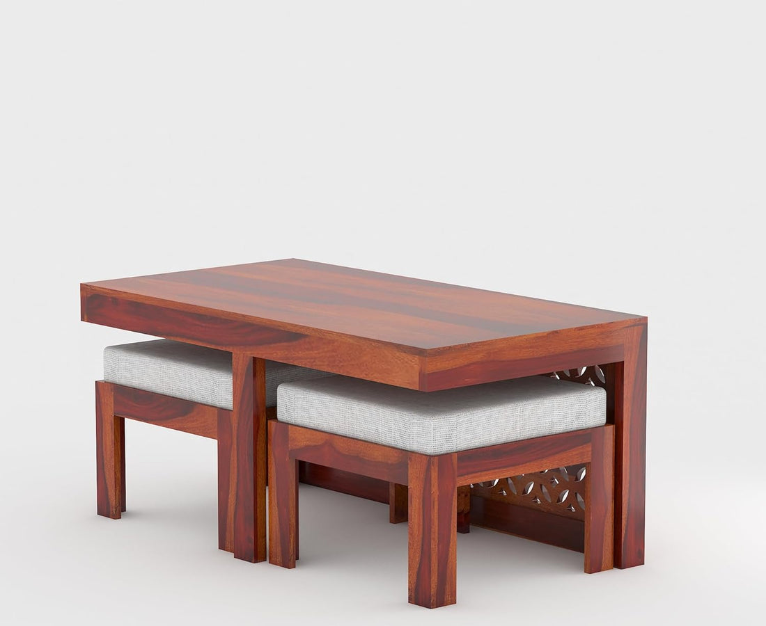 Craft D Art Sheesham Wood Center Table With Stools (Honey Finish)