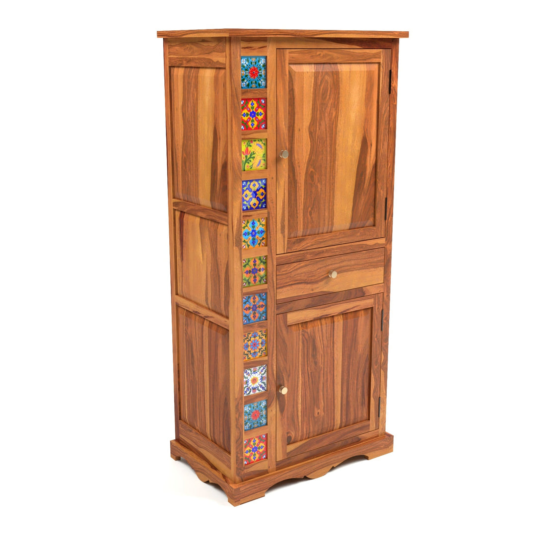 Emboss Sheesham Wood Wardrobe Cabinet with 1 Drawer & 2 Shelves (Honey Finish)