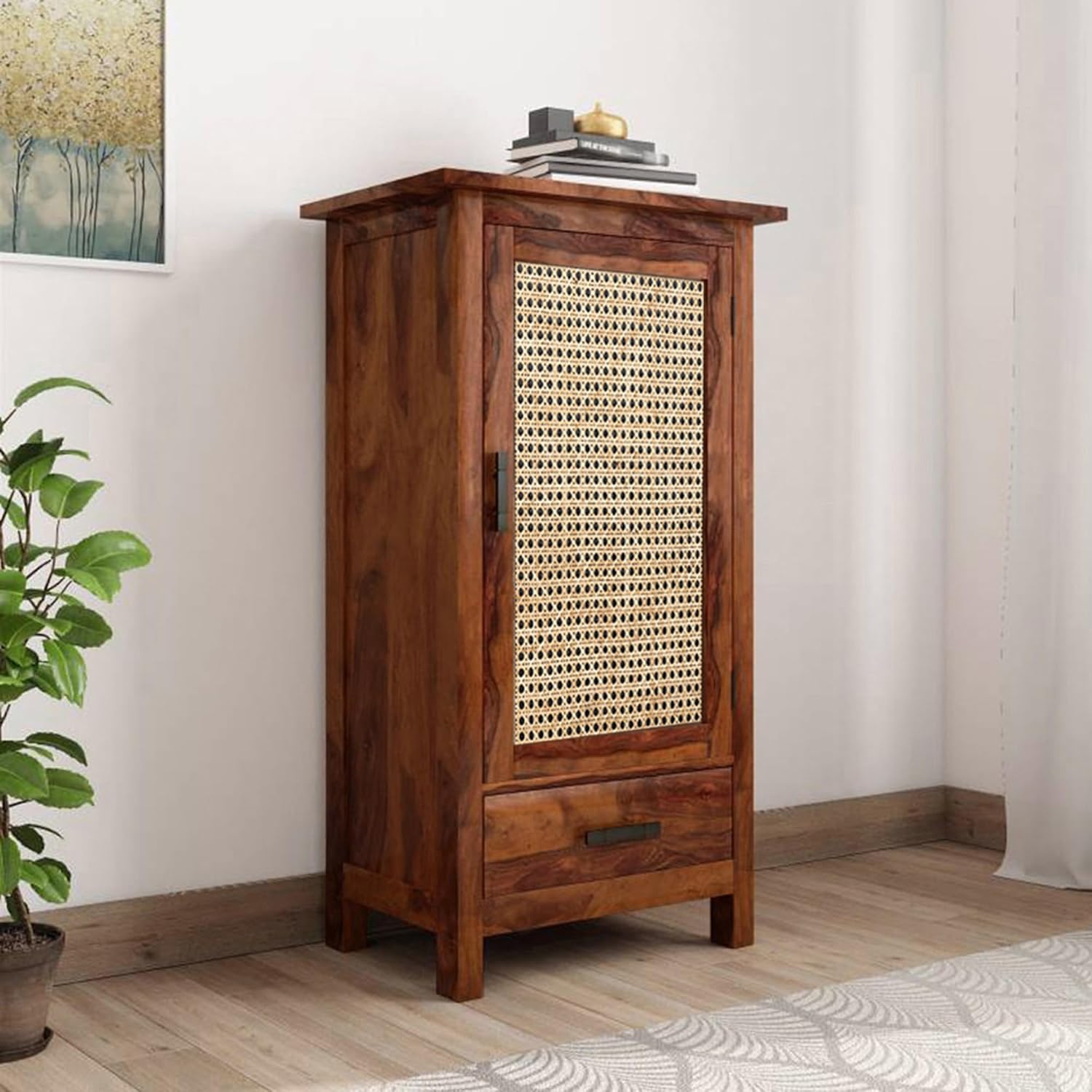 Solid Wood Cane Door Bookcase Cabinet with Drawer