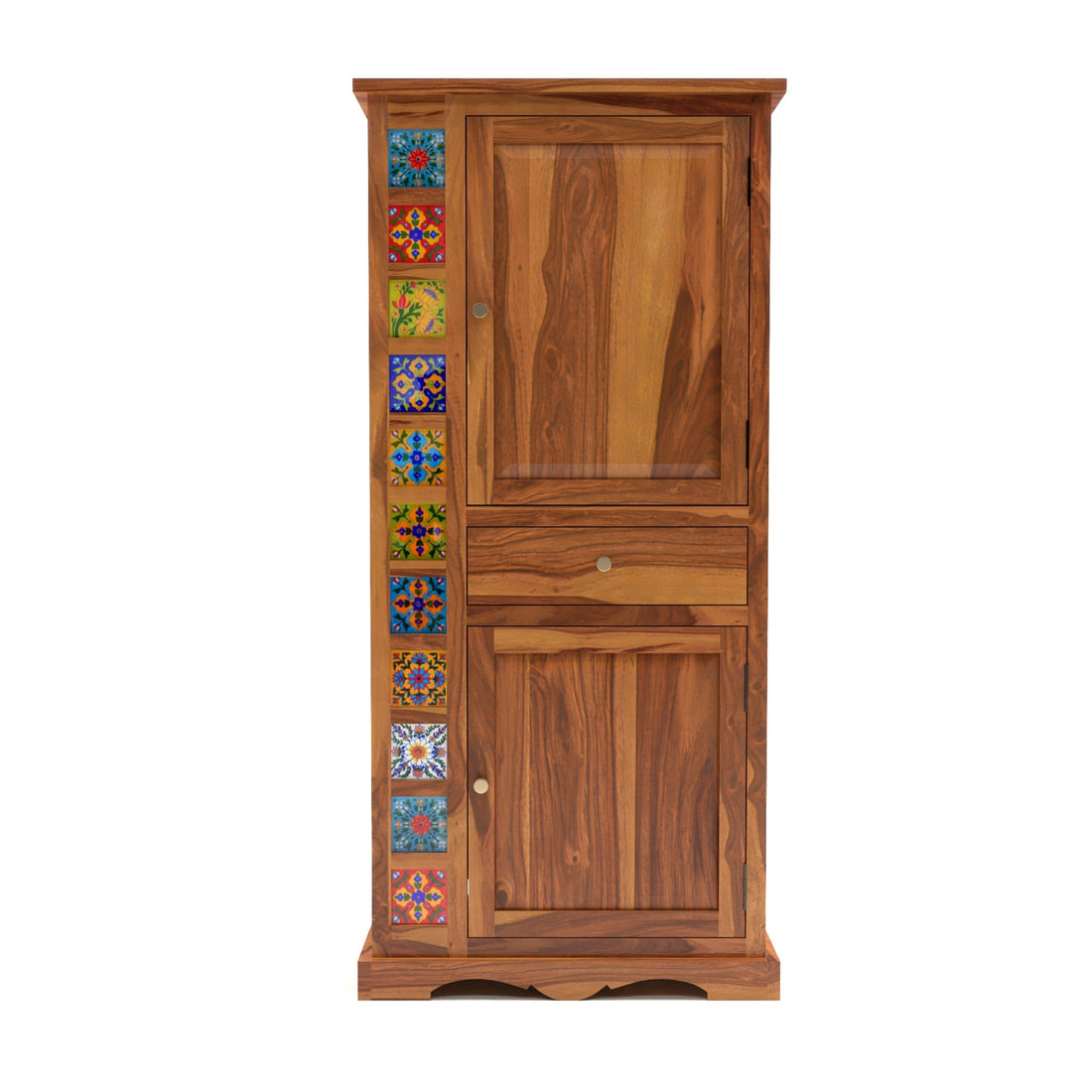 Emboss Sheesham Wood Wardrobe Cabinet with 1 Drawer & 2 Shelves (Honey Finish)
