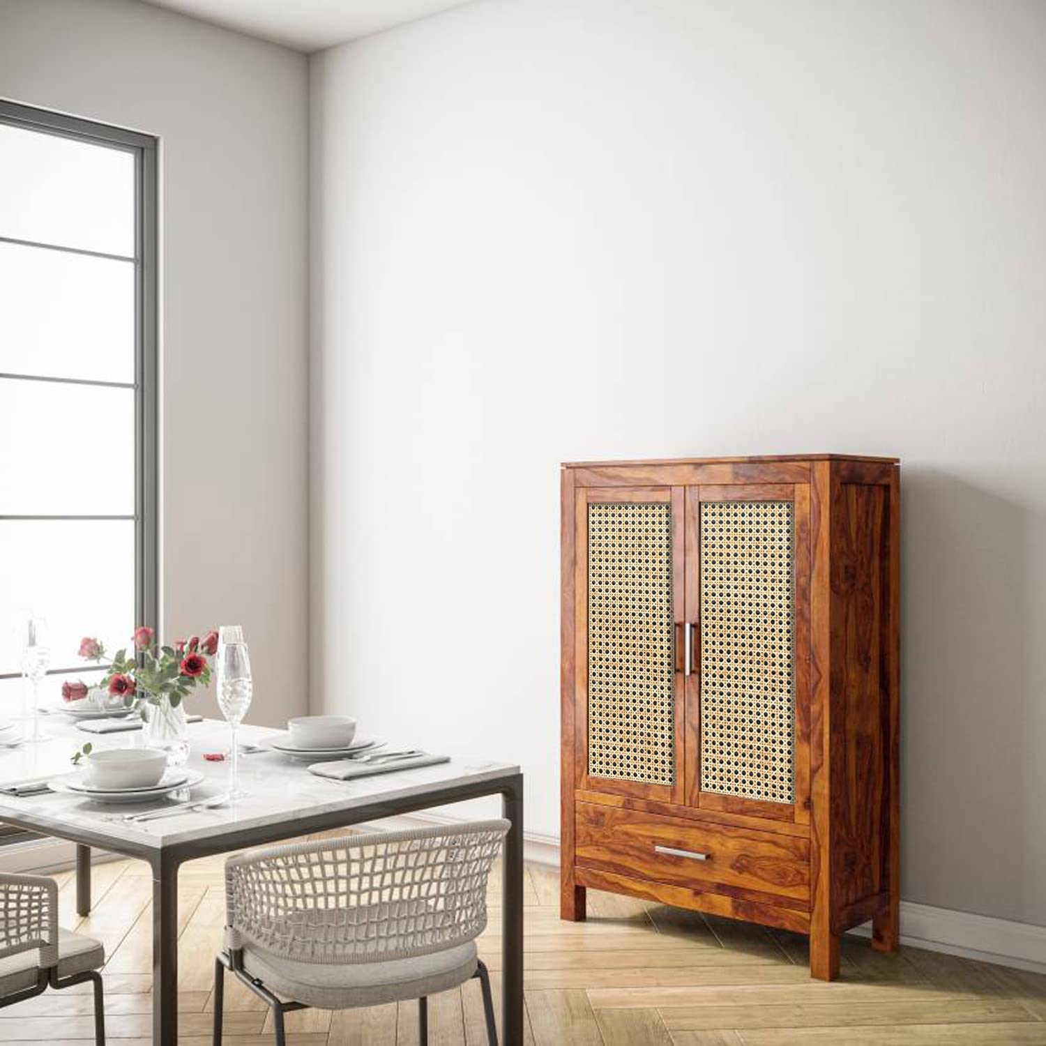 Modern Solid Wood Cane Door Crockery & Storage Cabinet with Drawer