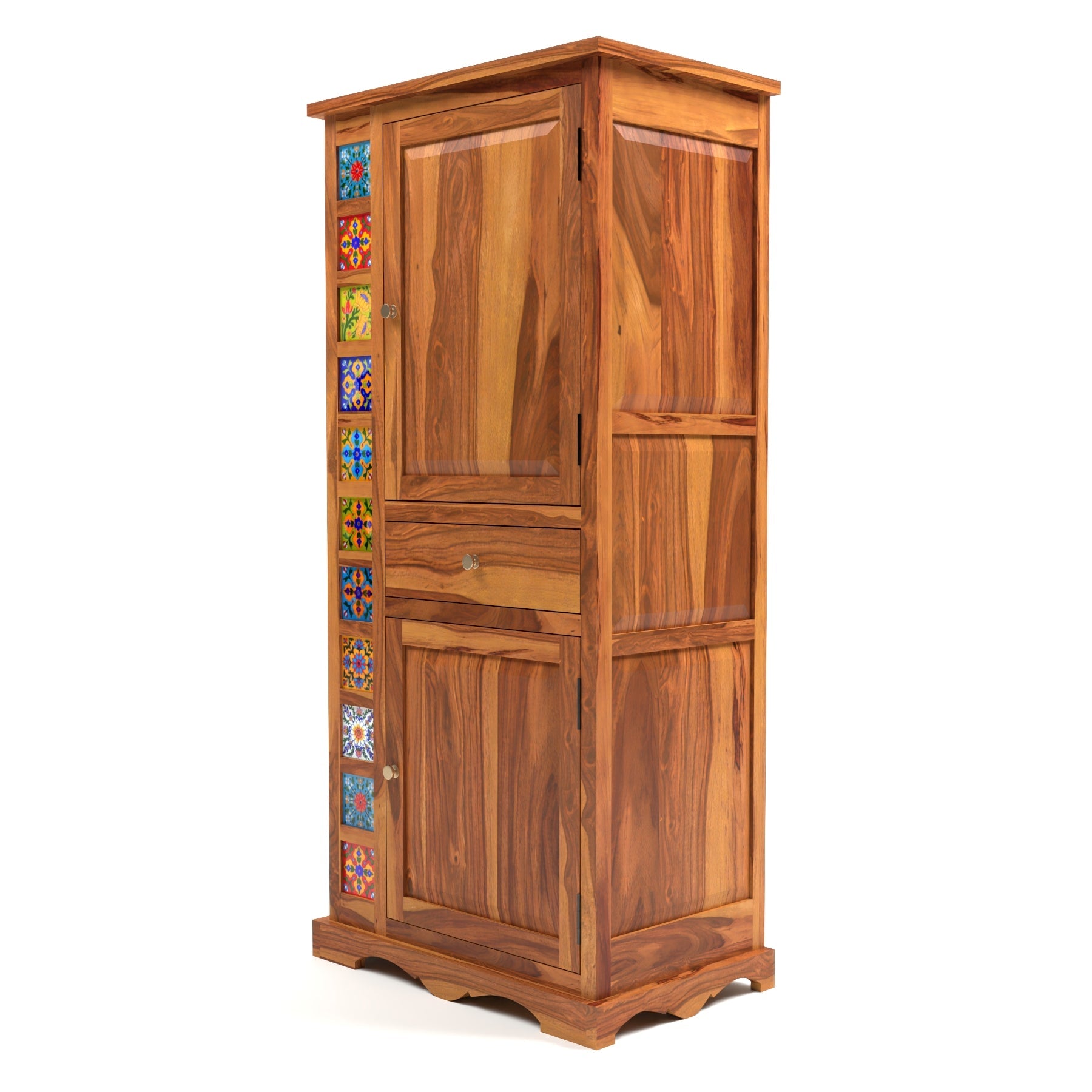 Emboss Sheesham Wood Wardrobe Cabinet with 1 Drawer & 2 Shelves (Honey Finish)