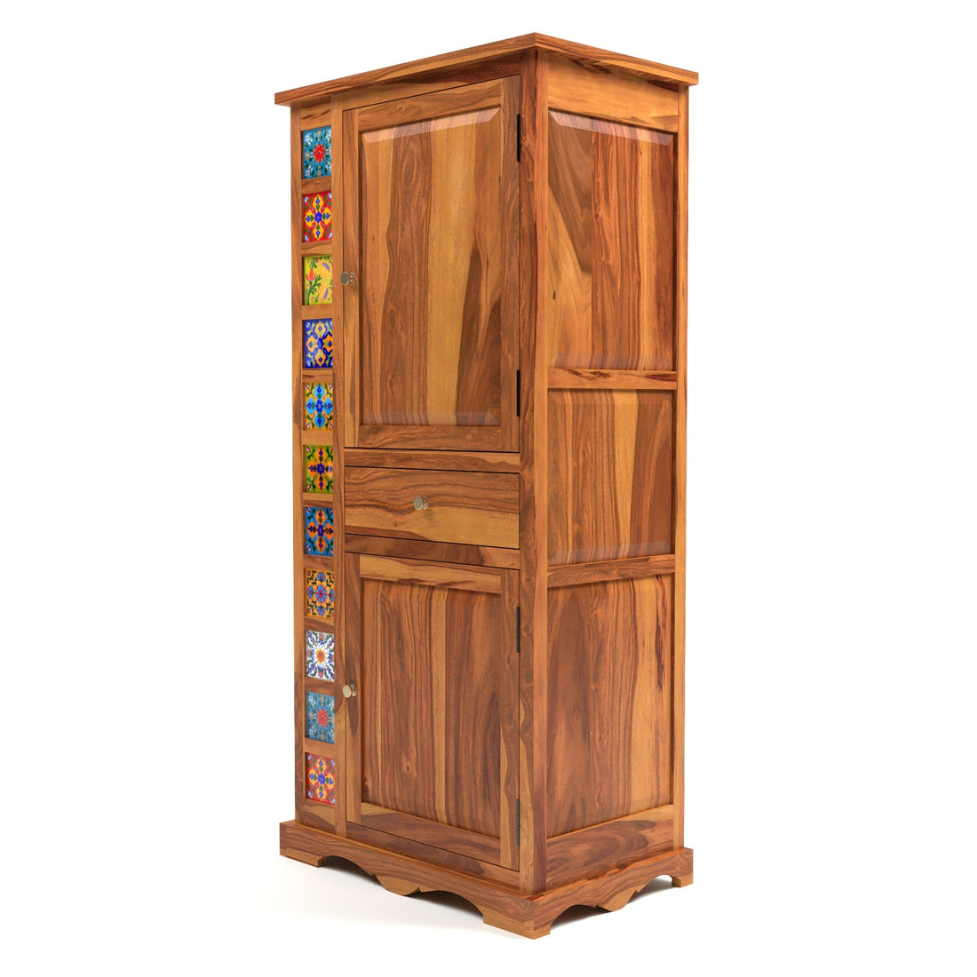 Emboss Sheesham Wood Wardrobe Cabinet with 1 Drawer & 2 Shelves (Honey Finish)