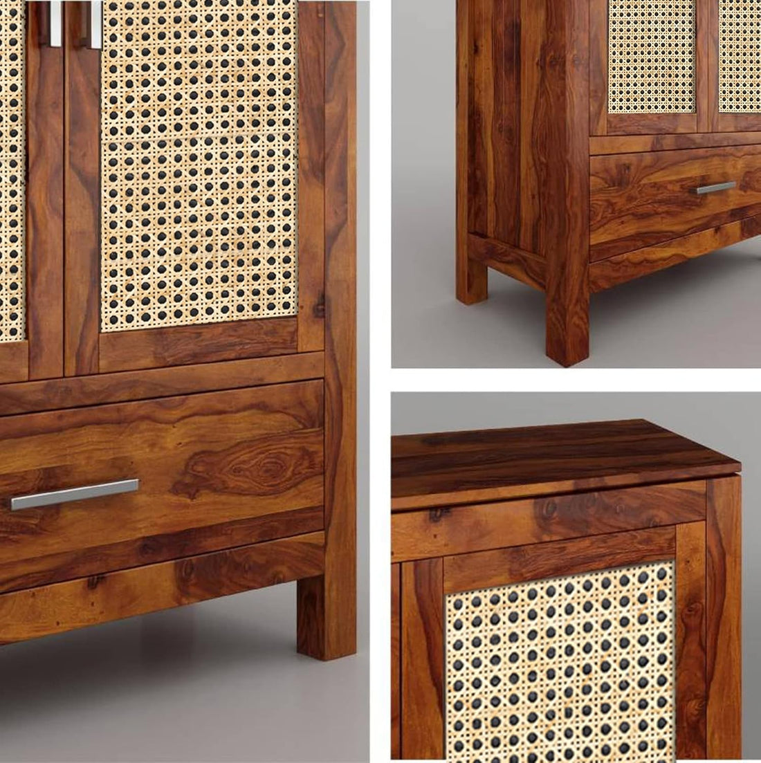 Modern Solid Wood Cane Door Crockery & Storage Cabinet with Drawer
