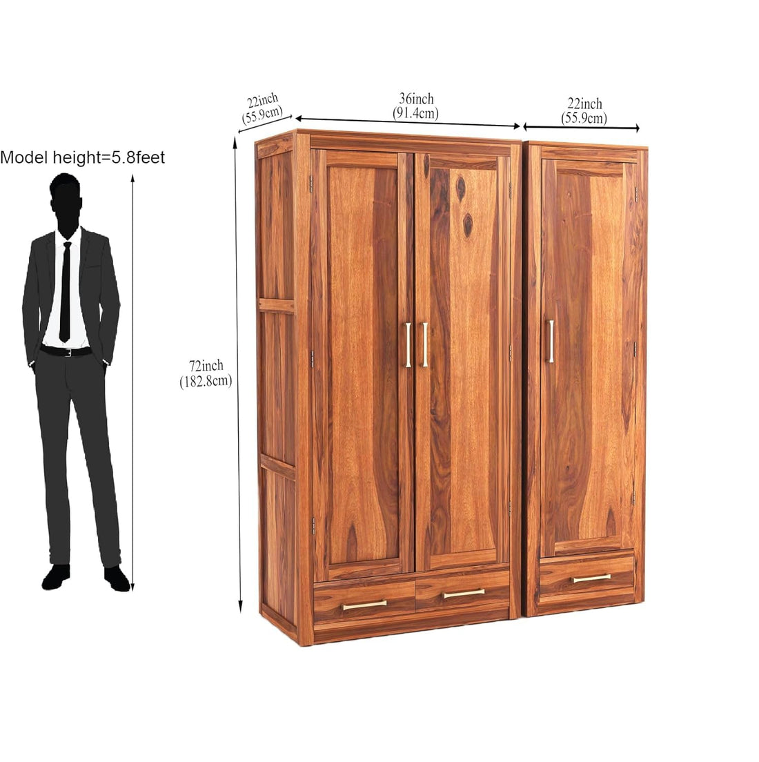 Craft D Art Solid Wood 3 Door Wardrobe with Drawers for Bedroom