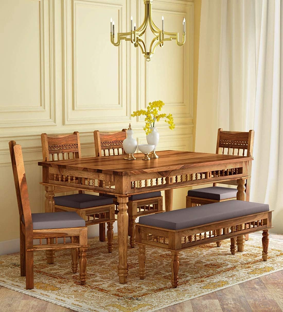 Craft D Art Solid Sheesham Wood Traditional Dining Table Set of 6 Seater with Cushioned Chairs & Bench |