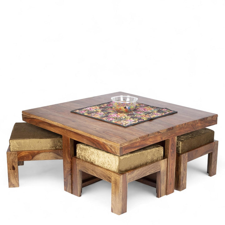 Sheesham Wood 4 Seater Coffee Table Set In Teak Finish