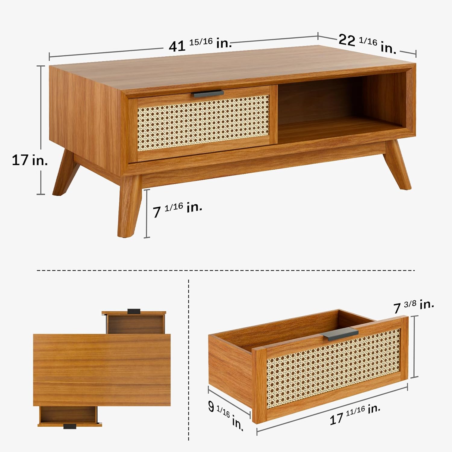 Craft D Art Wooden Coffee Table with Rattan Drawer & Open Shelf
