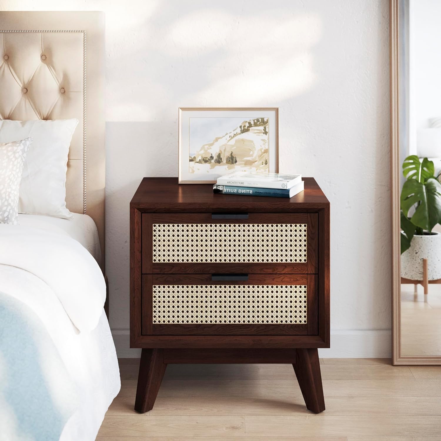 Craft D Art Wooden Bedside Table with Rattan Drawers & Solid Legs