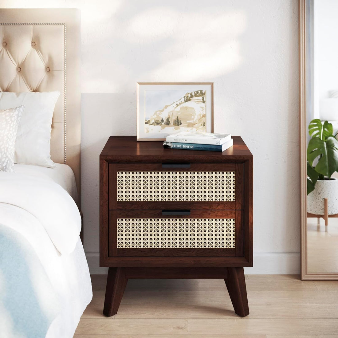 Craft D Art Wooden Bedside Table with Rattan Drawers & Solid Legs