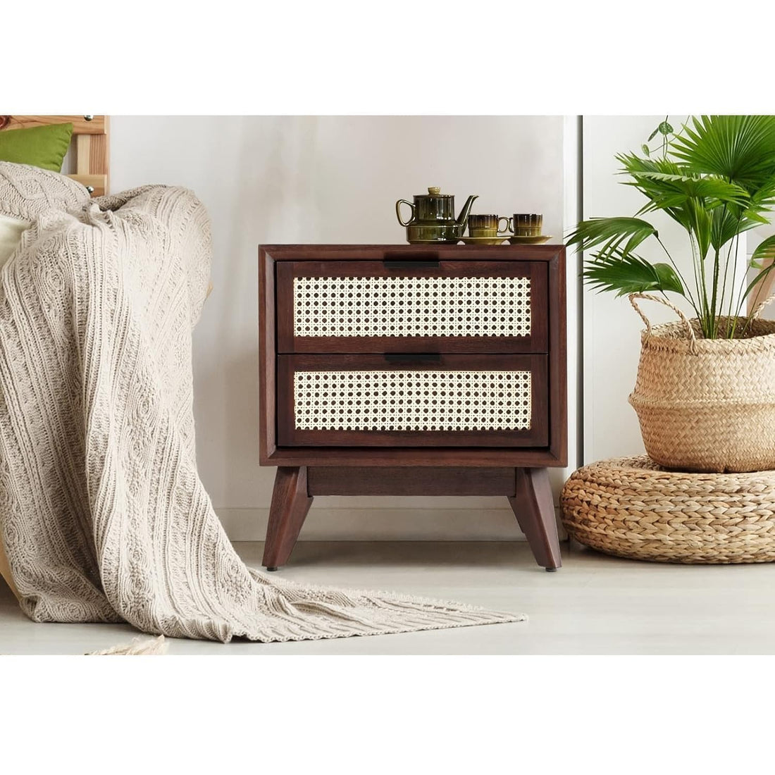 Craft D Art Wooden Bedside Table with Rattan Drawers & Solid Legs