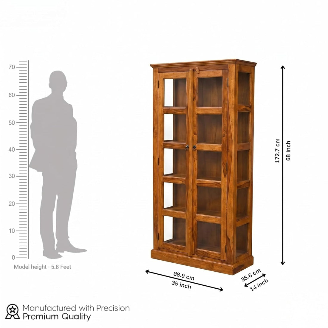 Craft D Art Solid Wood Glass Door Bookcase Storage Cabinet