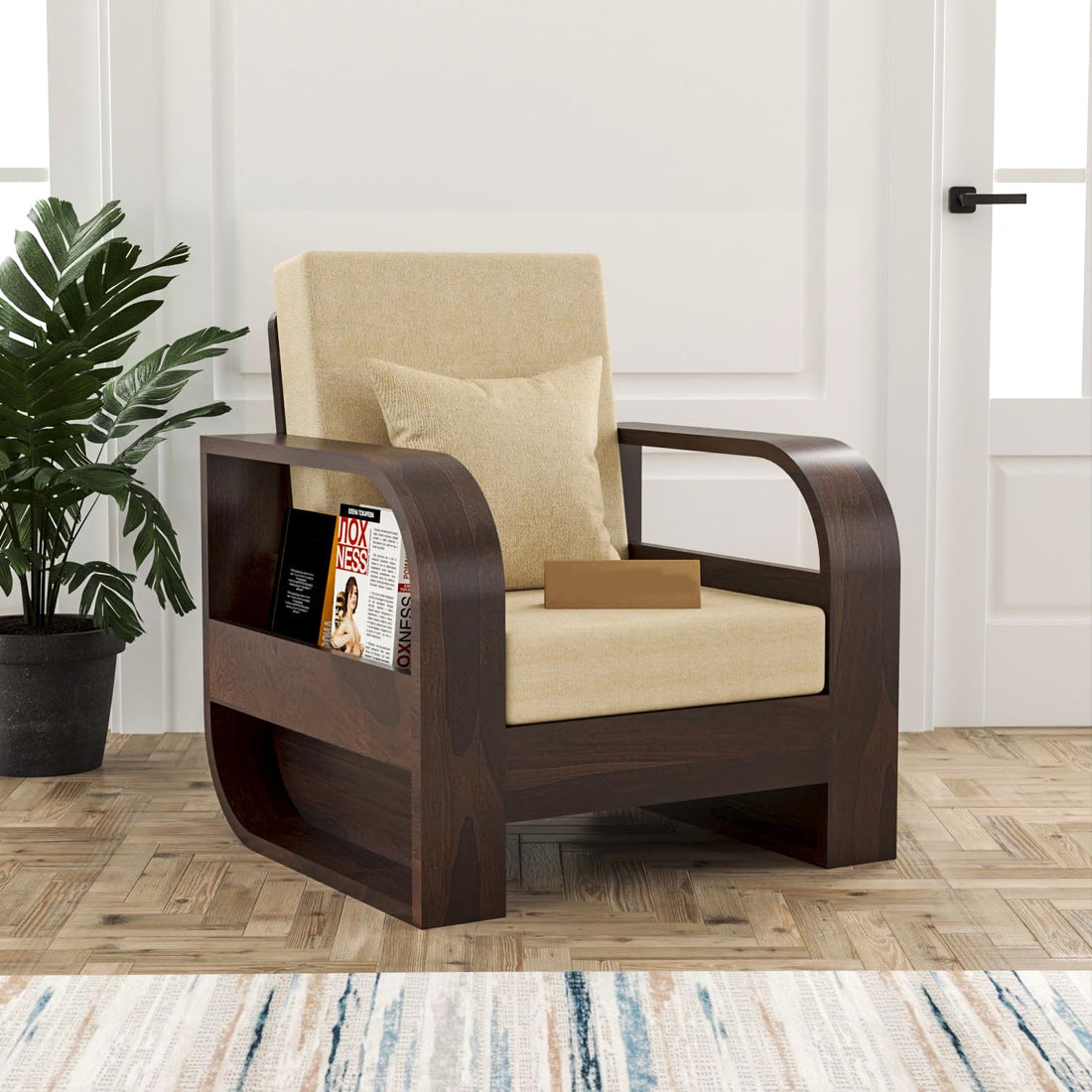Craft D Art Solid Wood Lounge Armchair with Cushion & Side Storage