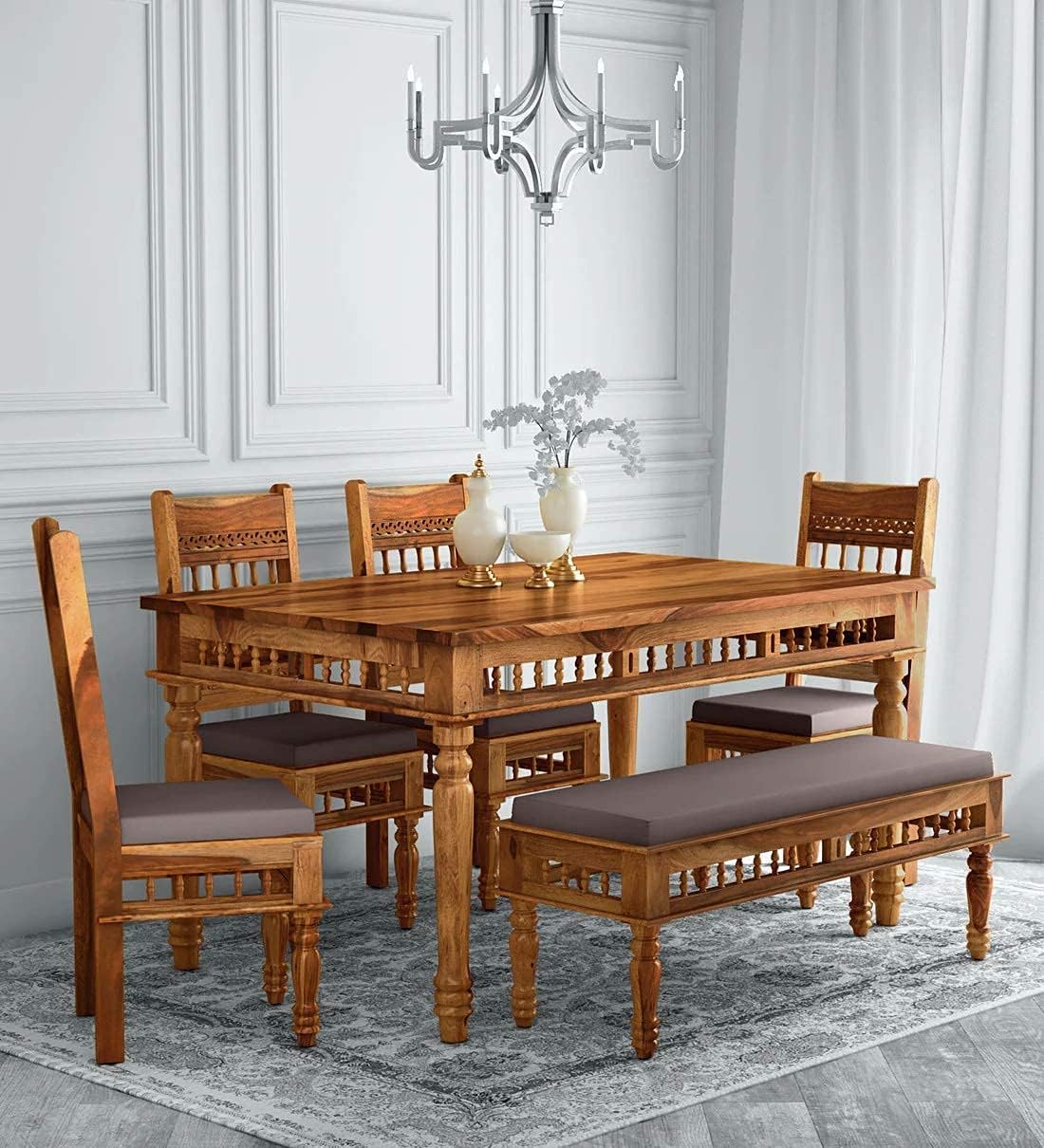 Craft D Art Solid Sheesham Wood Traditional Dining Table Set of 6 Seater with Cushioned Chairs & Bench |