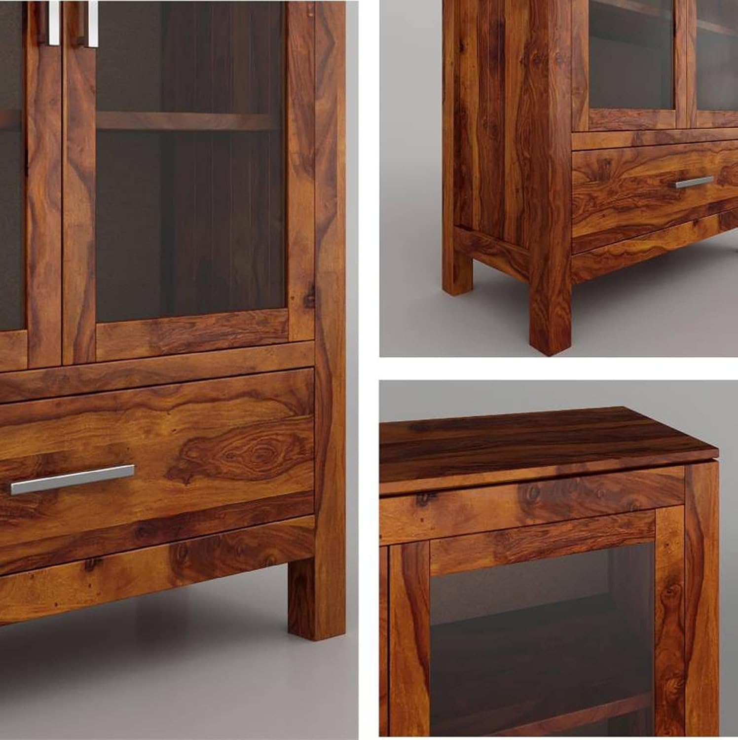 Modern Solid Wood Glass Door Crockery & Display Cabinet with Drawer