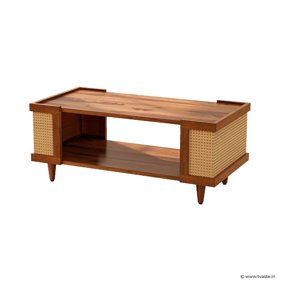 Solid Wood Cane Panel Coffee Table with Open Shelf