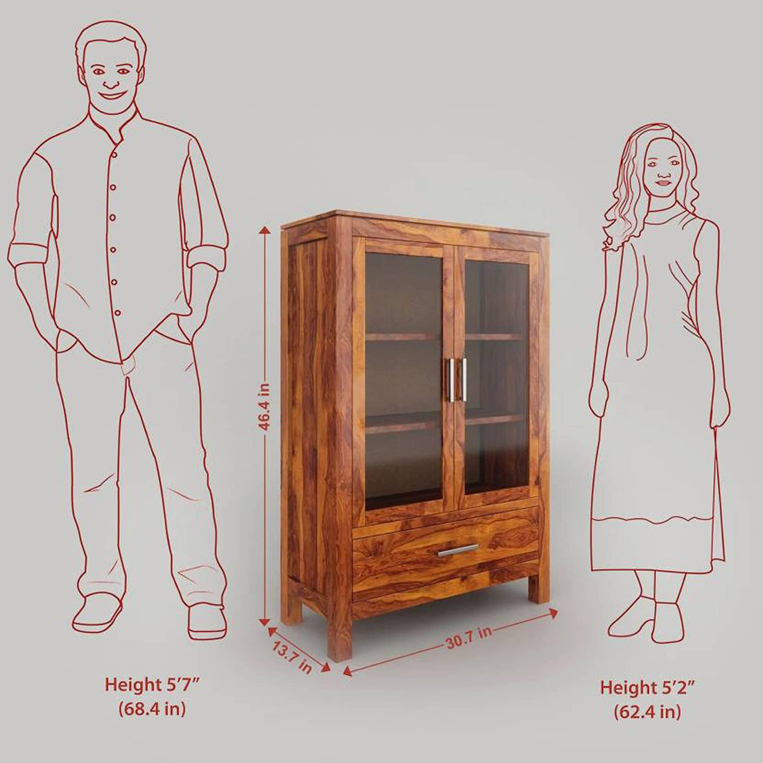 Modern Solid Wood Glass Door Crockery & Display Cabinet with Drawer