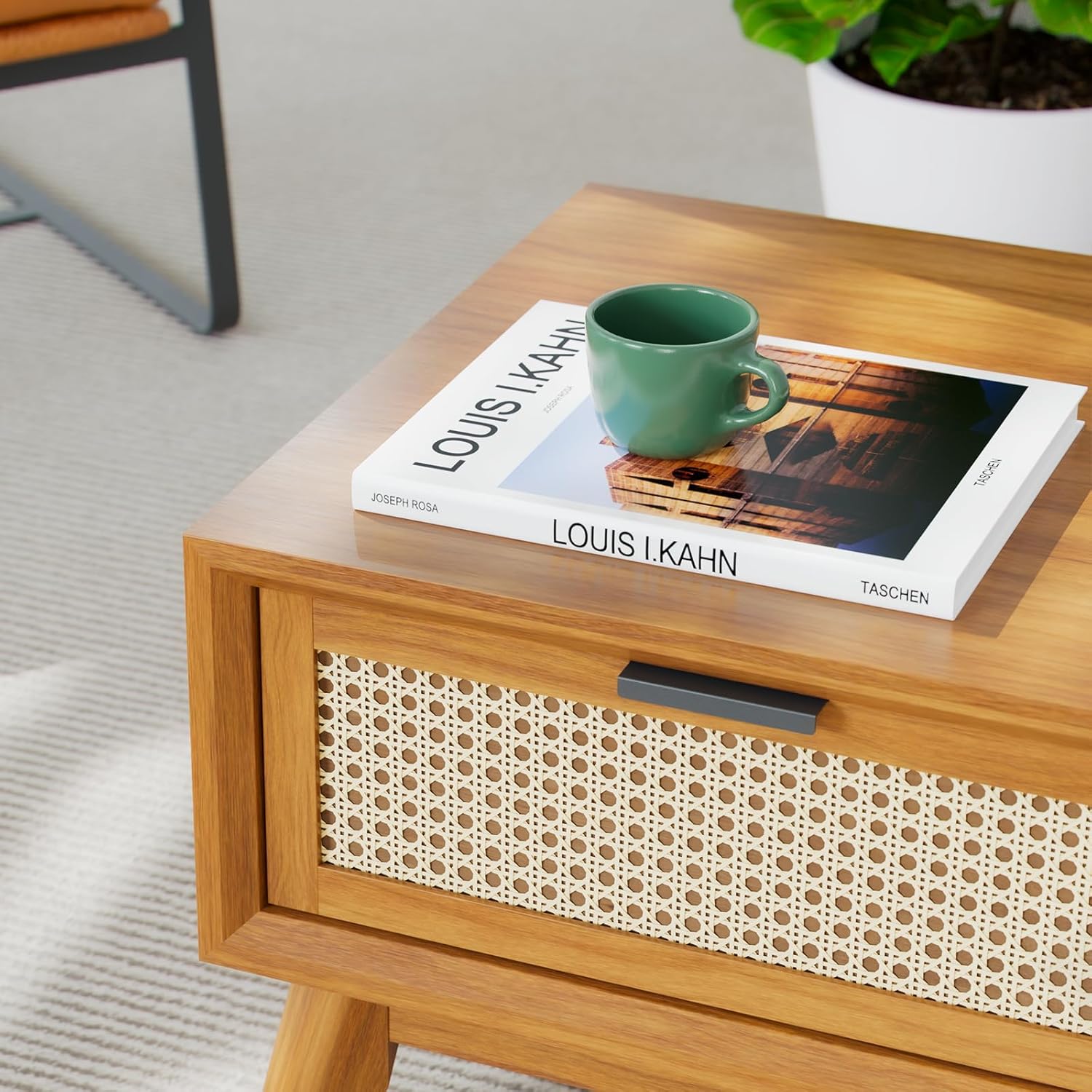 Craft D Art Wooden Coffee Table with Rattan Drawer & Open Shelf