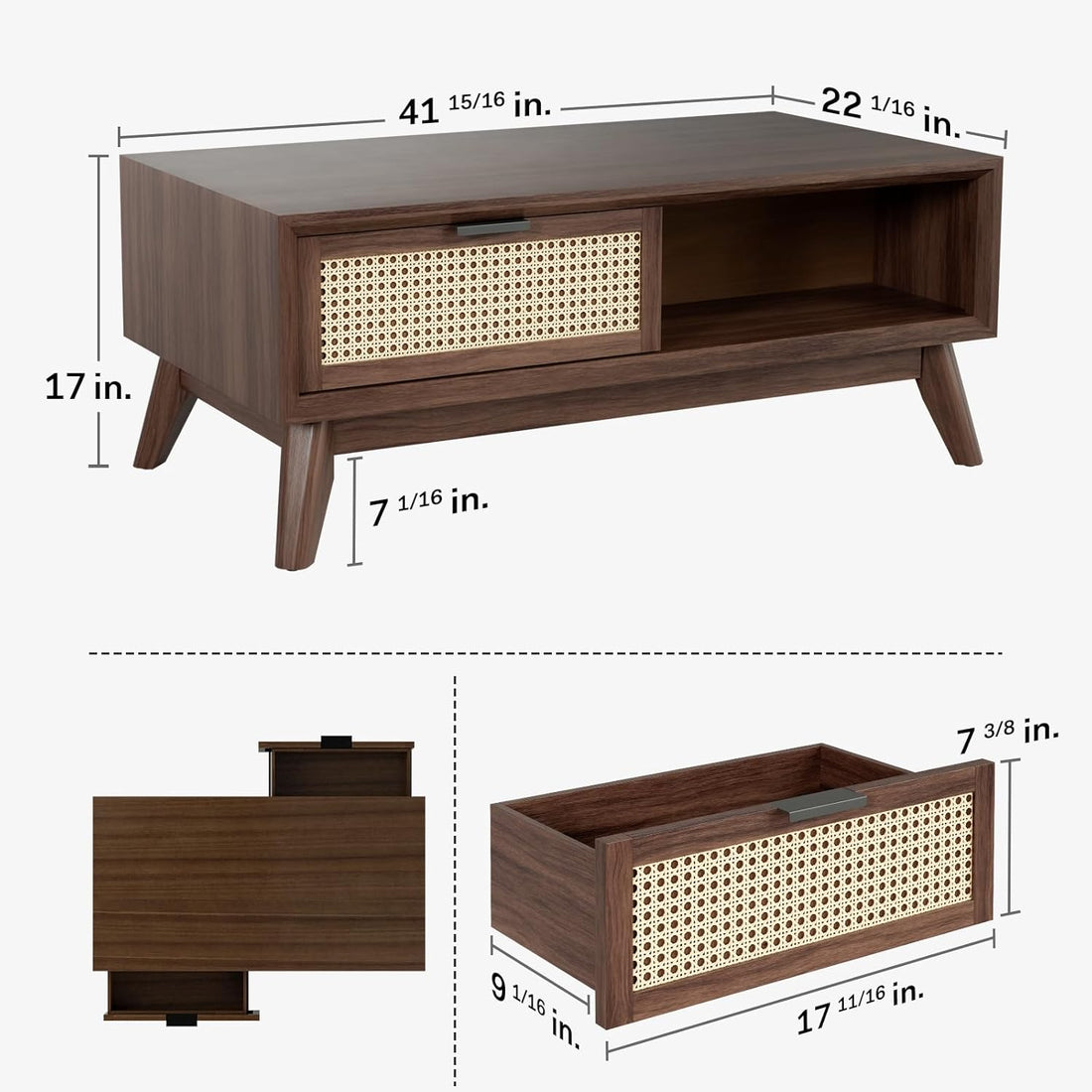 Craft D Art Wooden Coffee Table with Rattan Drawer & Open Shelf