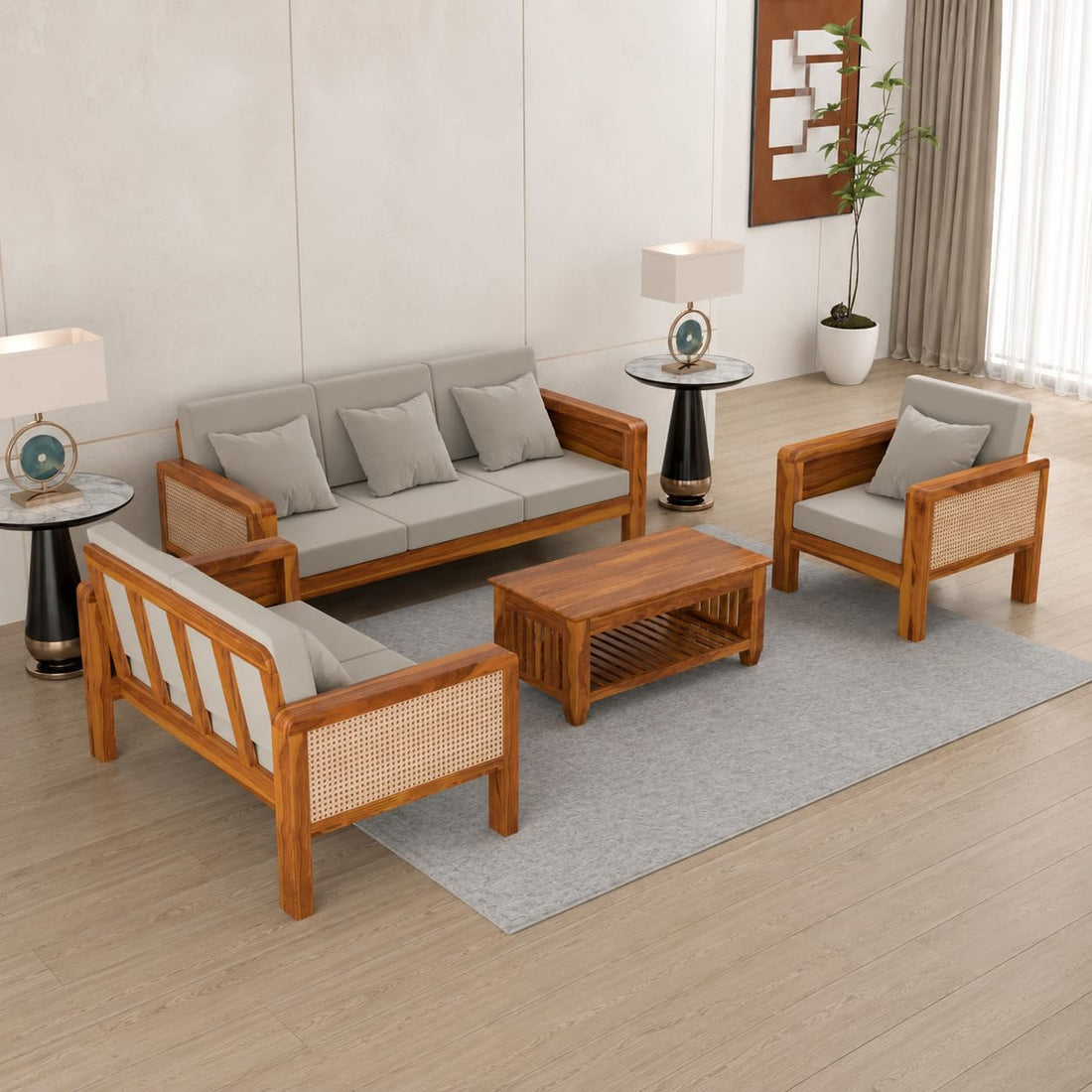 Craft D Art Solid Sheesham Wooden 6 Seater Sofa for Living Room | Solid Wood Sofa with Cane Side Panel | Rosewood Sofa Set for Home & Office | Lounge (Honey)