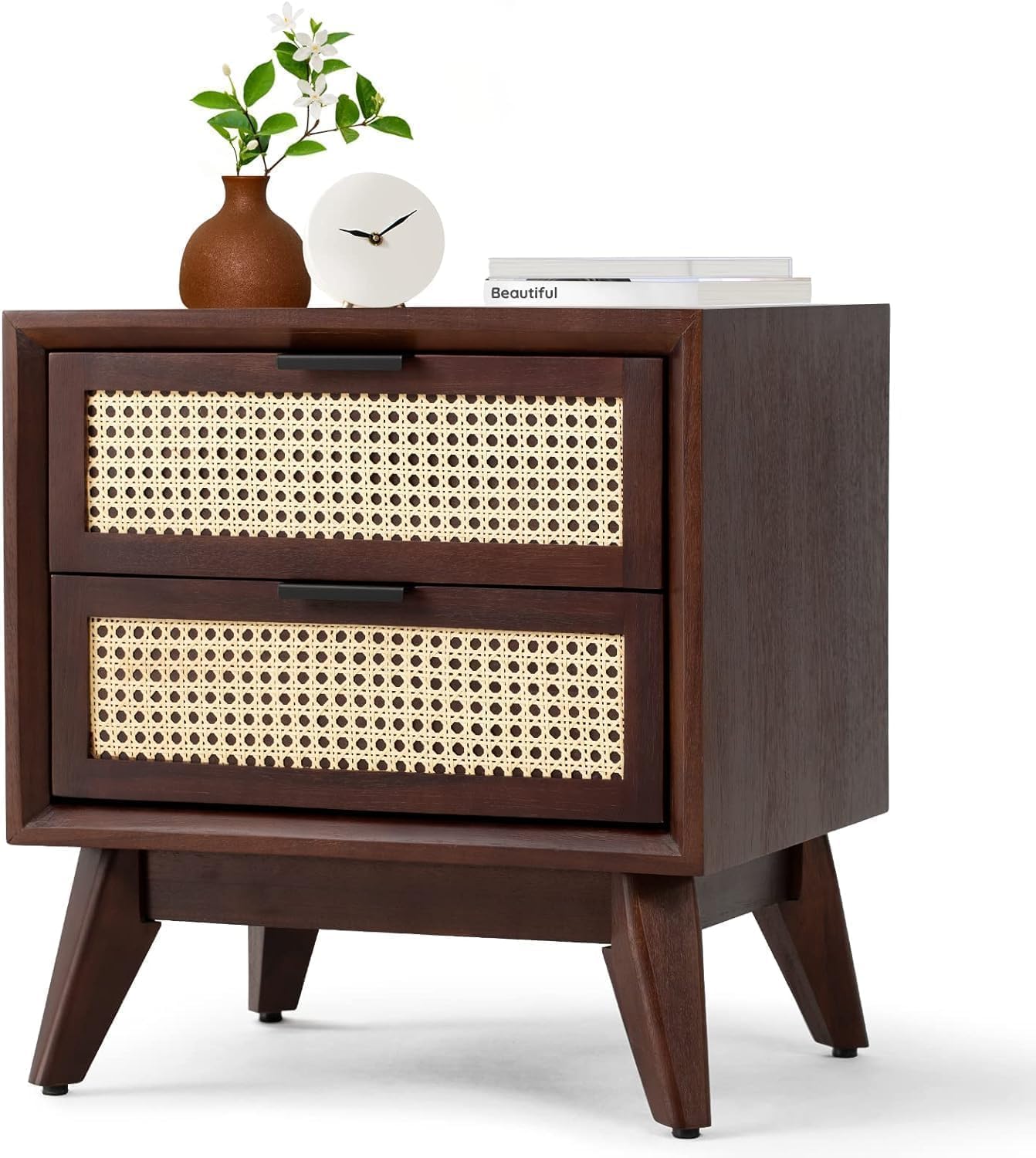 Craft D Art Wooden Bedside Table with Rattan Drawers & Solid Legs