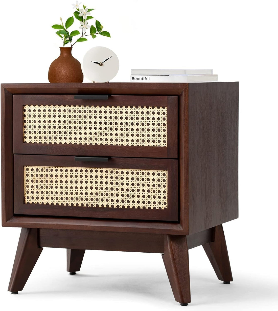 Craft D Art Wooden Bedside Table with Rattan Drawers & Solid Legs